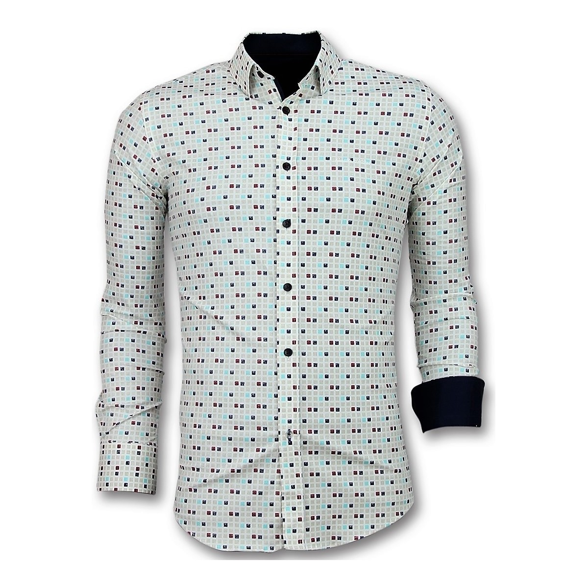 textil Herr Långärmade skjortor Tony Backer Slim Fit Tetris Motif Herrskjorta Beige