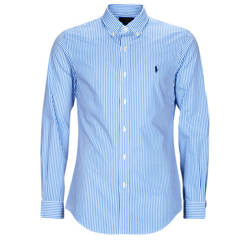 textil Herr Långärmade skjortor Polo Ralph Lauren CHEMISE AJUSTEE SLIM FIT EN POPELINE RAYE Blå / Vit
