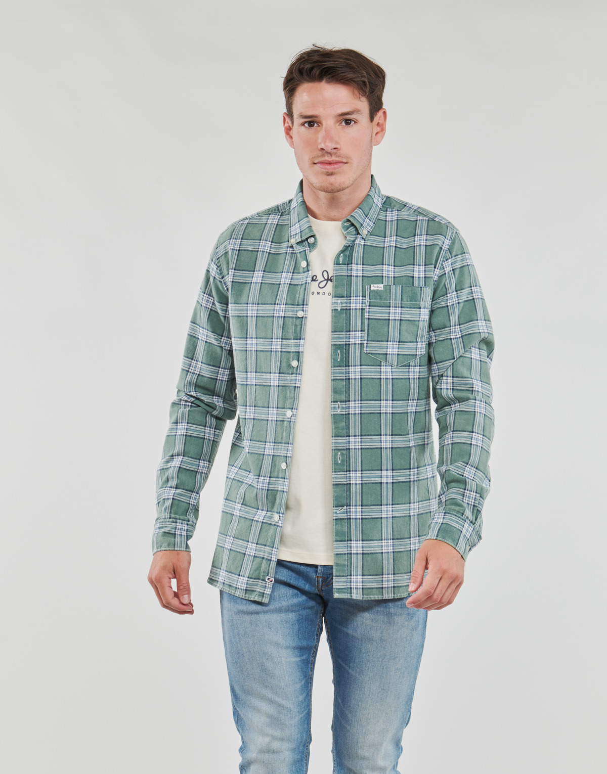 textil Herr Långärmade skjortor Pepe jeans CROW Grön