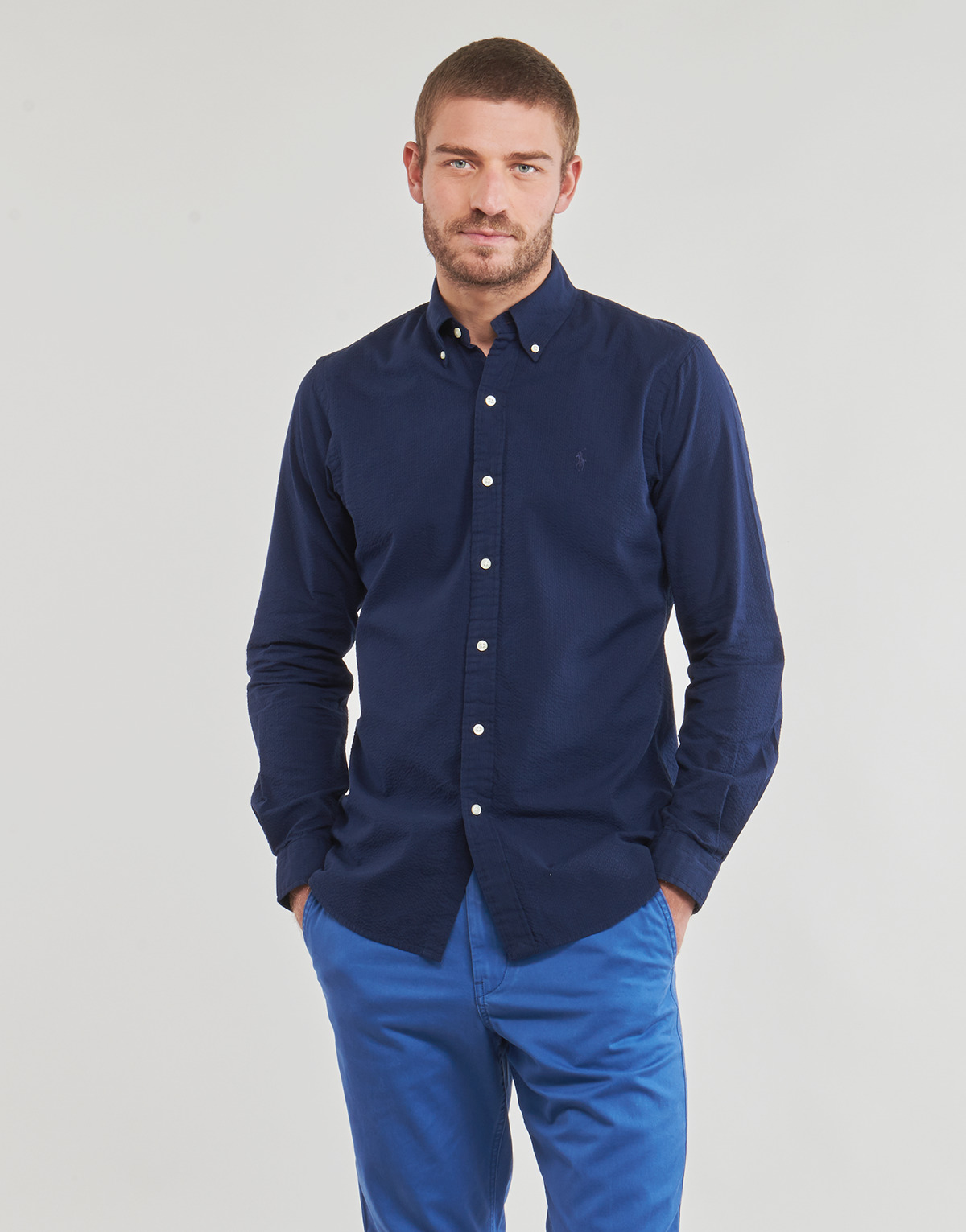 textil Herr Långärmade skjortor Polo Ralph Lauren CHEMISE COUPE DROITE EN SEERSUCKER Blå