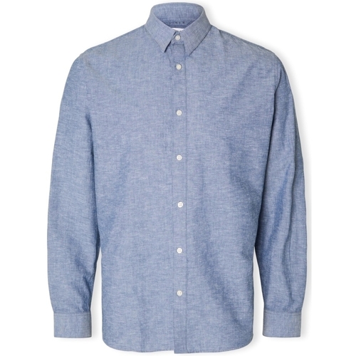 textil Herr Långärmade skjortor Selected Noos Slimnew-linen Shirt L/S - Medium Blue Denim Blå