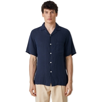 textil Herr Långärmade skjortor Portuguese Flannel Linen Camp Collar Shirt - Navy Blå