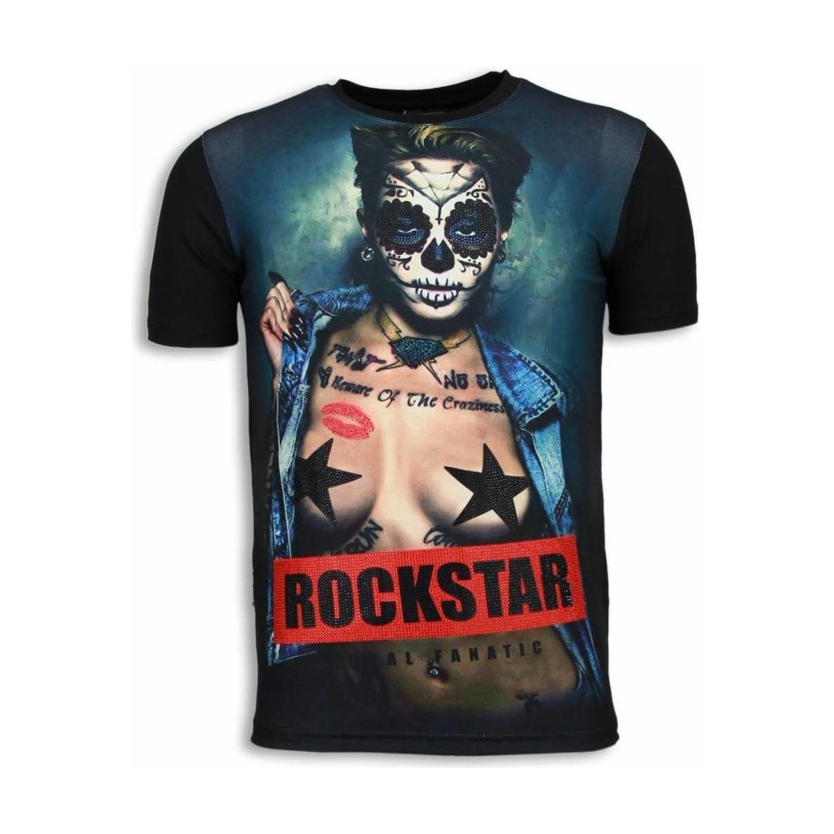 textil Herr T-shirts Local Fanatic Rockstar Print D Rhinestone Svart