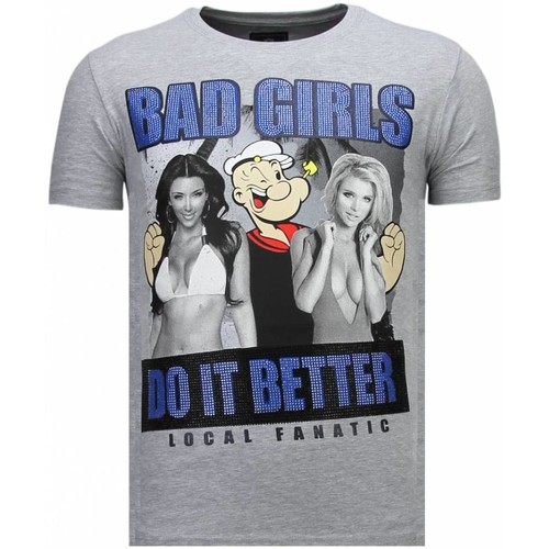 textil Herr T-shirts Local Fanatic Bad Girls Popeye Rhinestone G Grå