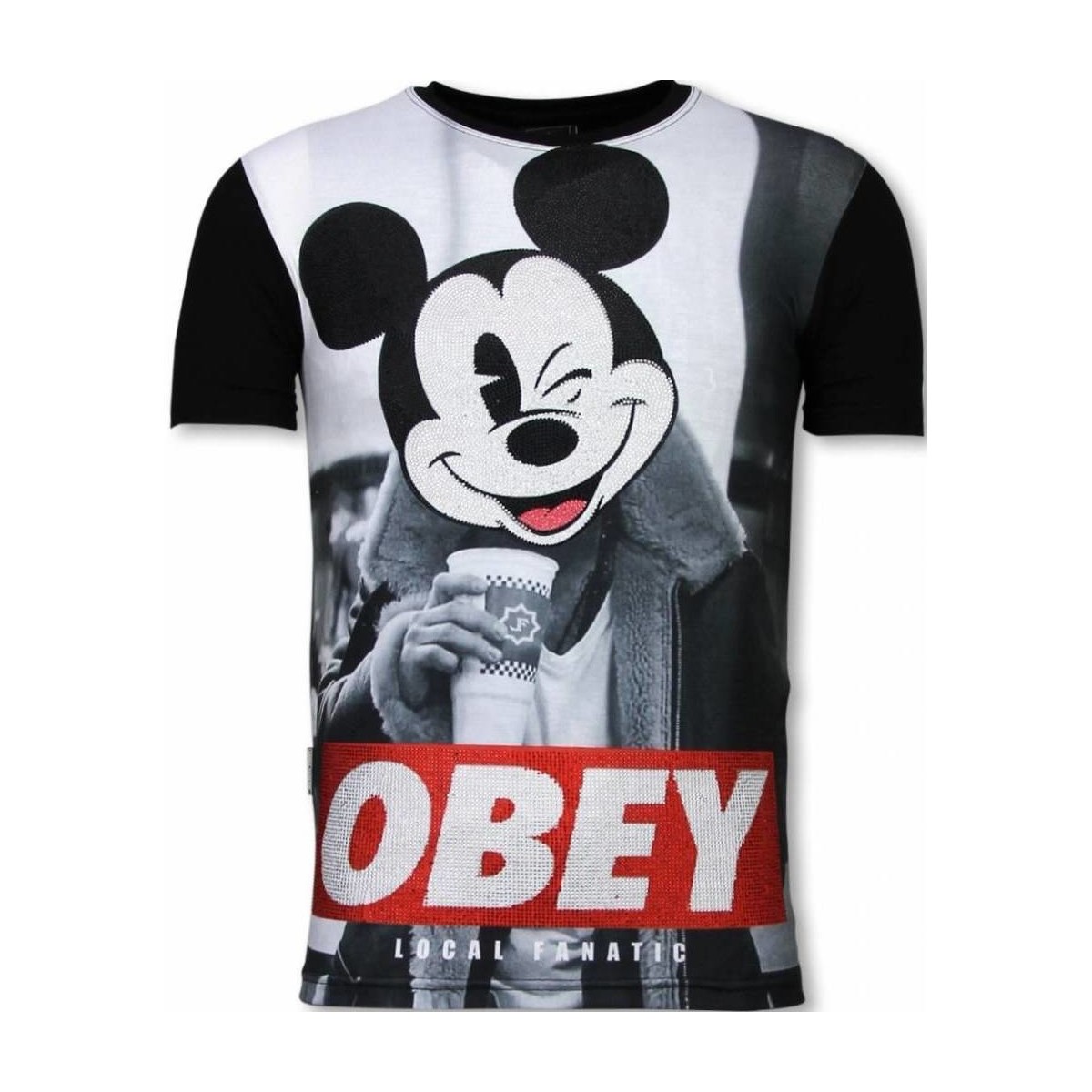 textil Herr T-shirts Local Fanatic Obey Mouse Rhinestone Z Svart